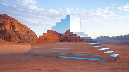 Mirrored staircase-shaped installation in a desert landscape, with reflective surfaces perfectly blending the red sandstone mountains and blue sky, creating a surreal optical illusion. Generative AI