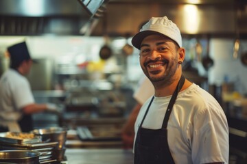 Fototapeta premium Portrait of smiling American chef in restaurant kitchen