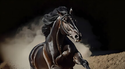 Black horse running and kicking up dust in competition