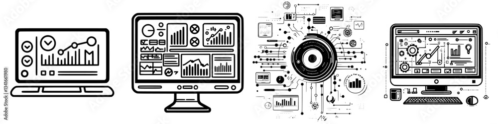 Poster data visualization tools display trends and analytics on multiple screens in a modern workspace focu