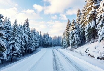 Fototapeta premium Snowy road winds through a tranquil coniferous forest under a winter sky, deep, sky