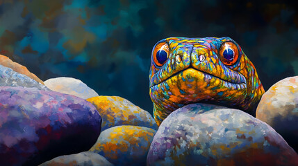 A close-up of an orange and blue patterned snake or eel.
