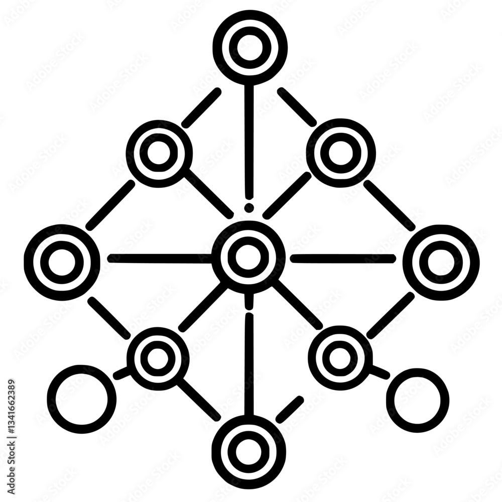 Poster network structure illustrating connections among multiple nodes in a geometric layout