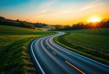 Fototapeta premium Sun-drenched asphalt ribbon winds through verdant spring countryside at sunset, journey, golden hour