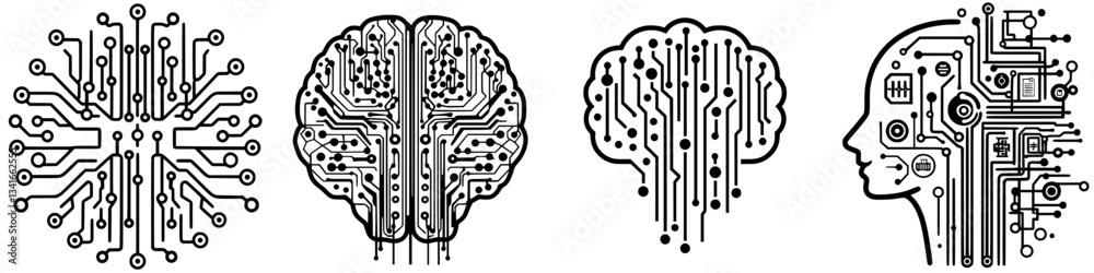 Poster digital brain designs with circuit patterns showcasing artificial intelligence concepts and modern t