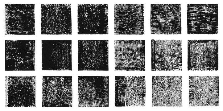 Linocut hand printed small square shapes collection. Grungy textured relief block printing squares, rough scuffed textures set. Lino ink grunge text frames boxes templates. Artistic retro backgrounds