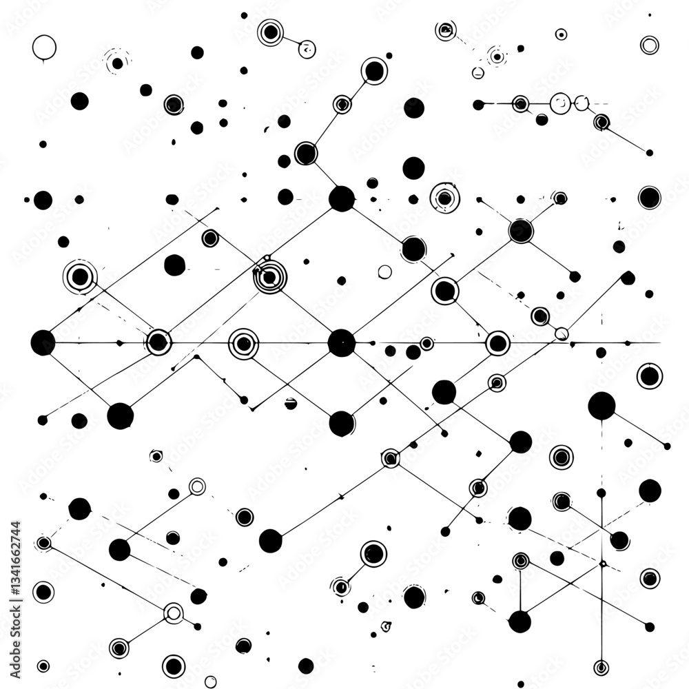 Poster abstract black and white network of circles and lines depicting complex connections and structures