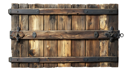 An aged wooden door features metal straps and hardware