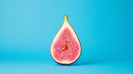 Vibrant fig slice against a bright backdrop.  A single fig half, showcasing its pink interior, sits centrally against a vibrant blue background. The focus is on the fruit's texture and color