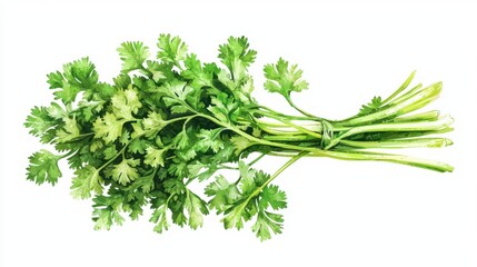Obraz premium Fresh Green Cilantro Herb Bunch on White Background, Culinary Delight