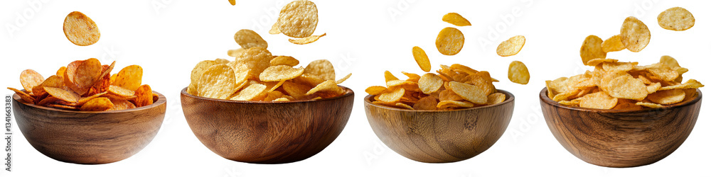 Poster falling potato chips in a wooden bowl isolated on a transparent background, a generative ai creation