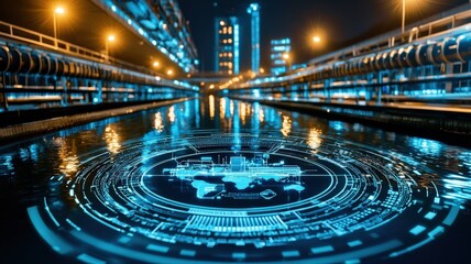 AI-driven control center monitoring real-time wastewater treatment efficiency, futuristic environmental technology