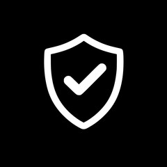Vector black-and-white silhouette of a security screen with a checkmark, drawn with minimalistic strokes on a black background