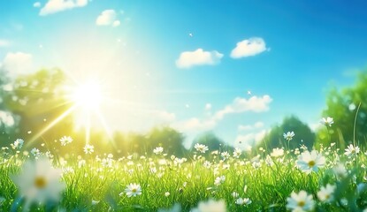 Obraz premium A vibrant meadow filled with white daisies under a bright blue sky, golden sunlight streaming through with lens flares, lush green grass and trees in the background