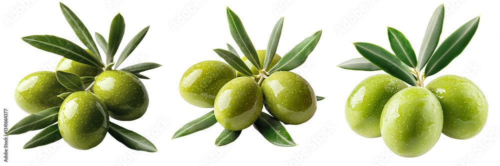 Poster on a transparent background, an image of isolated green olives complete with leaves has been generat