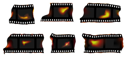 Vintage set of film strips with dented overexposed texture, vector illustration.