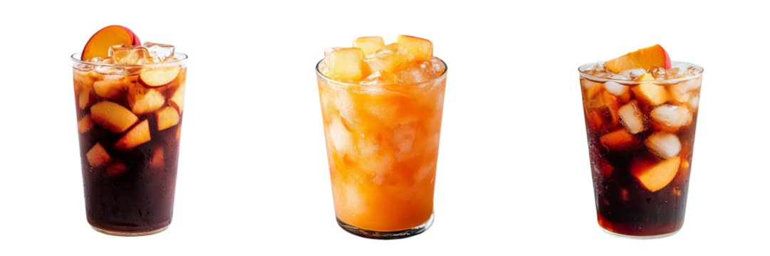 The image features refreshing peach ice tea, ice cubes, and lemon slices, all isolated on a transparent white background