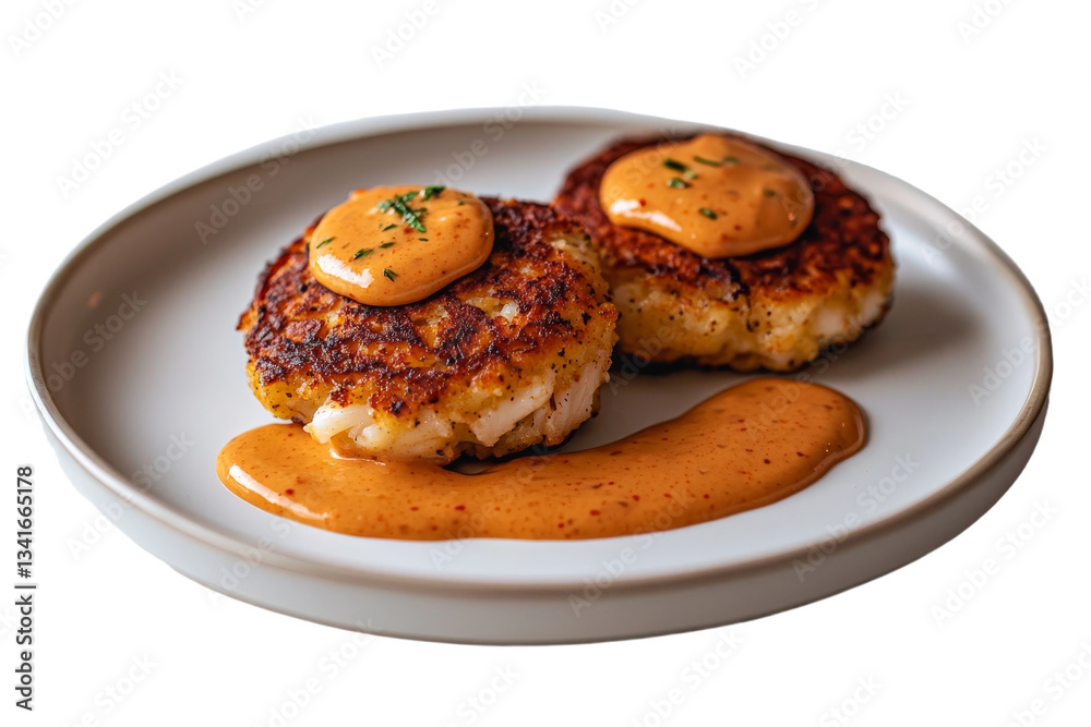 Aufkleber three crab cakes that have been fried are accompanied by creamy sauce and a lemon wedge