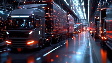 Fototapeta premium AI-driven digital twin simulating logistics efficiency in a global supply chain hub, futuristic visualization