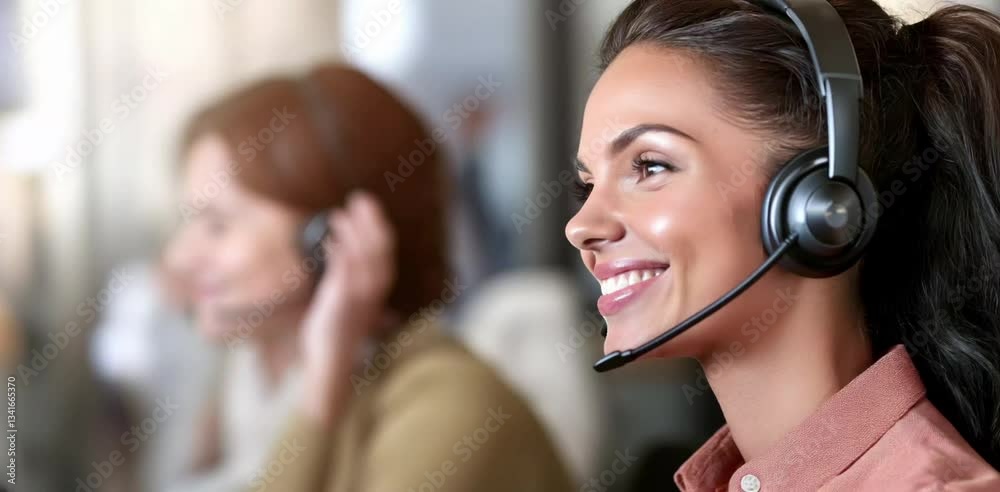 Poster customer service representative smiling while wearing headset