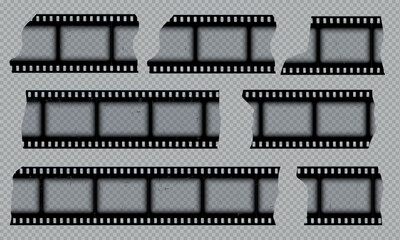 Old photo or film strip torn pieces vector set, vintage cinematic frame transparent scratched video or photography tape