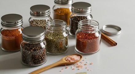 Glass Jars Filled with Assorted Spices and Herbs, Cinnamon Stick