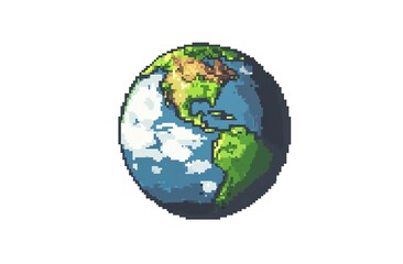 A pixel art representation of Earth, showcasing continents like North and South America, blue oceans, and green landmasses, retro 8-bit style, vibrant colors, isolated on a white background