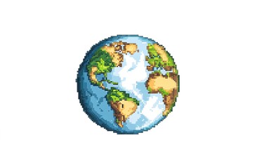 A pixel art representation of Earth, showcasing continents like North and South America, blue oceans, and green landmasses, retro 8-bit style, vibrant colors, isolated on a white background