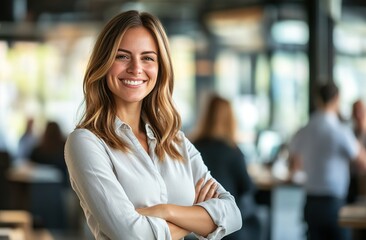 Fototapeta premium A confident woman with long wavy brown hair, smiling, wearing a gray blouse with arms crossed, standing in a modern office with large windows, blurred colleagues in the background