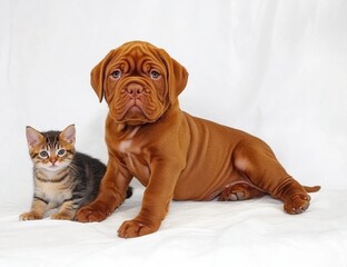 Obraz premium Playful puppy and curious kitten sit together on a soft white background, showcasing companionship