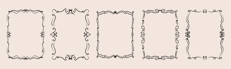 Minimalist hand drawn frames collection. Decorative borders in coquette style with bows ribbons, line art frame set, doodle ornamental elements. Elegant vector design
