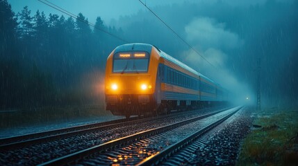Naklejka premium Commuter Train Traveling Through Rainy Landscape in Gloomy Weather
