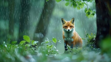 Fototapeta premium Fox in Rainy Forest Under Soft Green Light and Falling Raindrops
