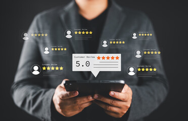 Business Professional Analyzing Customer Reviews. Five-Star Rating and Positive Feedback on Digital Tablet for Corporate Success, Customer review.
