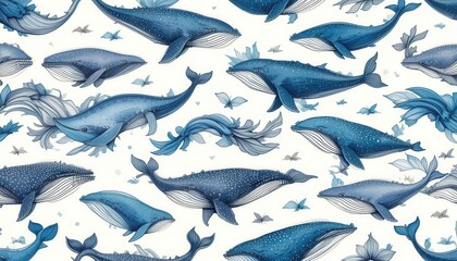 Fototapeta premium Whales swimming gracefully ocean illustration marine environment aerial view nature concept