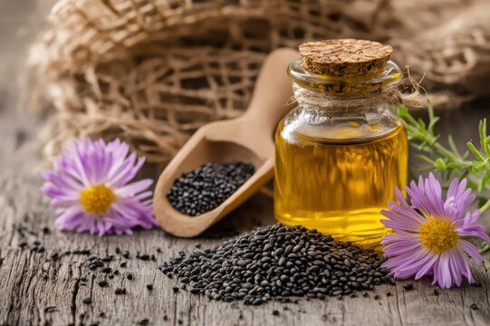 Black cumin seed oil in glass jar with wooden scoop and vibrant flowers on rustic wooden surface