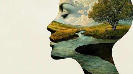 Woman profile, landscape in head, serene