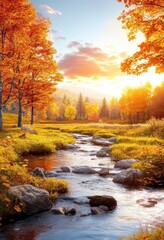 Fototapeta premium A serene autumn landscape featuring vibrant orange trees, a gentle stream, and a warm sunset illuminating the scene.