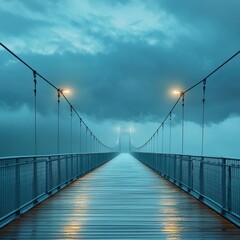 Obraz premium Misty Bridge Over Water with Dramatic Clouds and Evening Lights