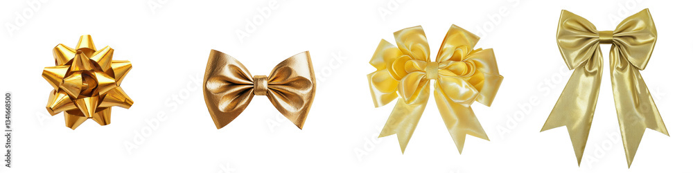 Poster on a transparent background, a golden bow ribbon is shown in isolation, a creation of generative ai