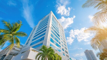 Fototapeta premium Modern Office Building Against a Bright Blue Sky with Palm Trees