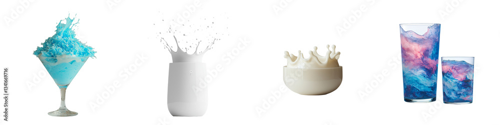 Poster Isolated on a transparent background is a glass of milk with a splash, an image produced by Generative Ai