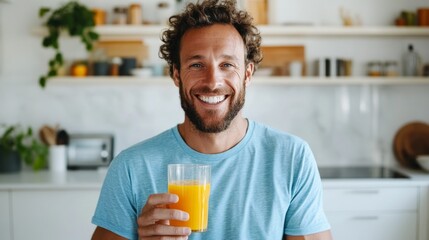 The image features a smiling man holding a glass of orange juice, standing in a modern kitchen with a white backsplash.