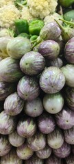 a pile of round, purple-striped eggplants (brinjals) that are fresh and neatly arranged