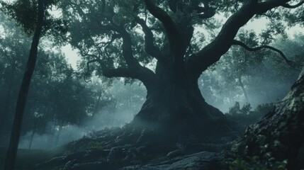 Majestic ancient oak tree with sprawling branches in a misty forest landscape