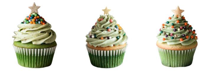 A Generative Ai generated image features a cupcake decorated Christmas tree isolated on a transparent background