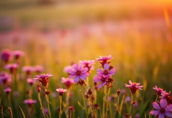 Obraz premium Pink wildflowers in a field bathed in sunrise glow, meadow, pink flowers