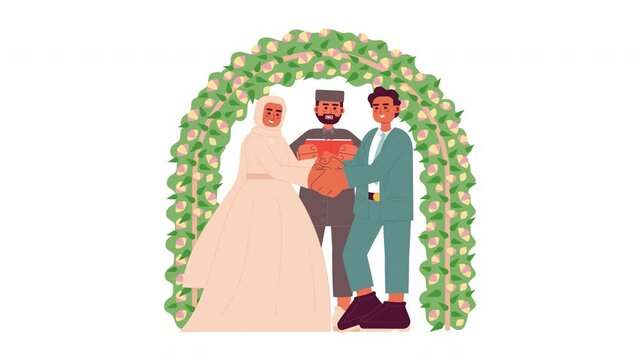 Muslim wedding Nikah ceremony under floral arch cartoon animation. Arab bride groom exchanging vows, imam officiant animated flat 2D characters 4K video isolated on white, scene storytelling