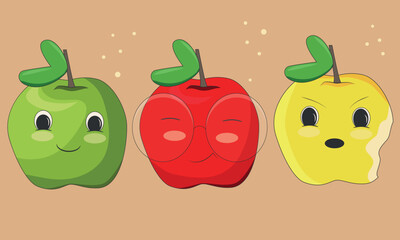 Illustration set of apples red yellow and green.
Set of live apples. Funny pictures of live spring and summer fruits. Fruits stickers stickers posters and covers