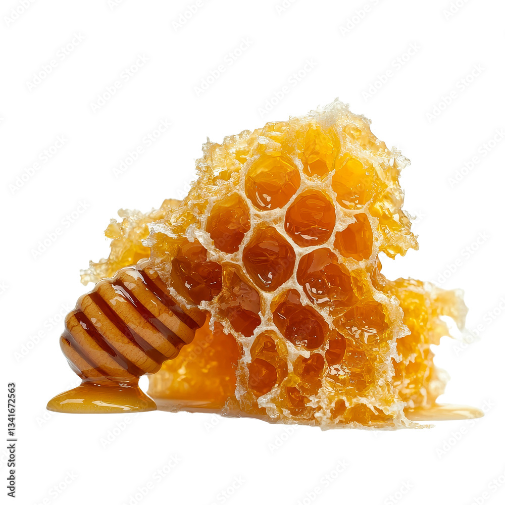 Poster Drops and splash of golden honey isolated on a transparent background created by Generative Ai